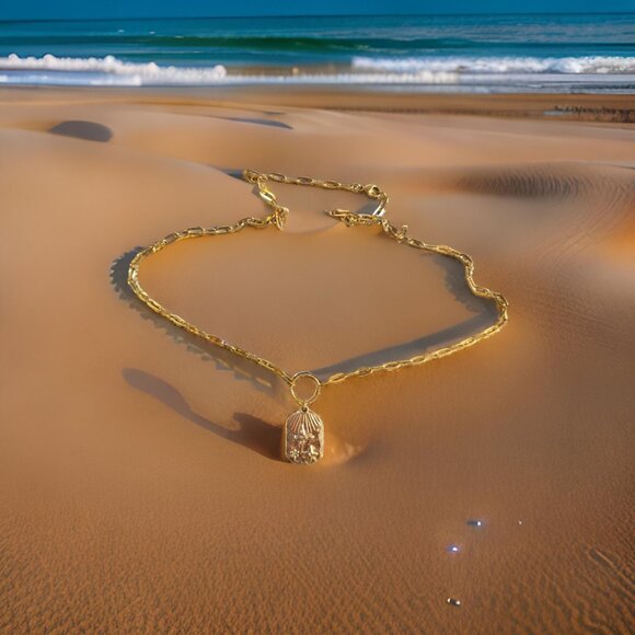 Gold paperclip link chain w pendant golden w stars~ 20 in. - Picture 2 of 3